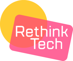 Yellow circle behind a translucent pink cube that holds white type that says "Rethink Tech"