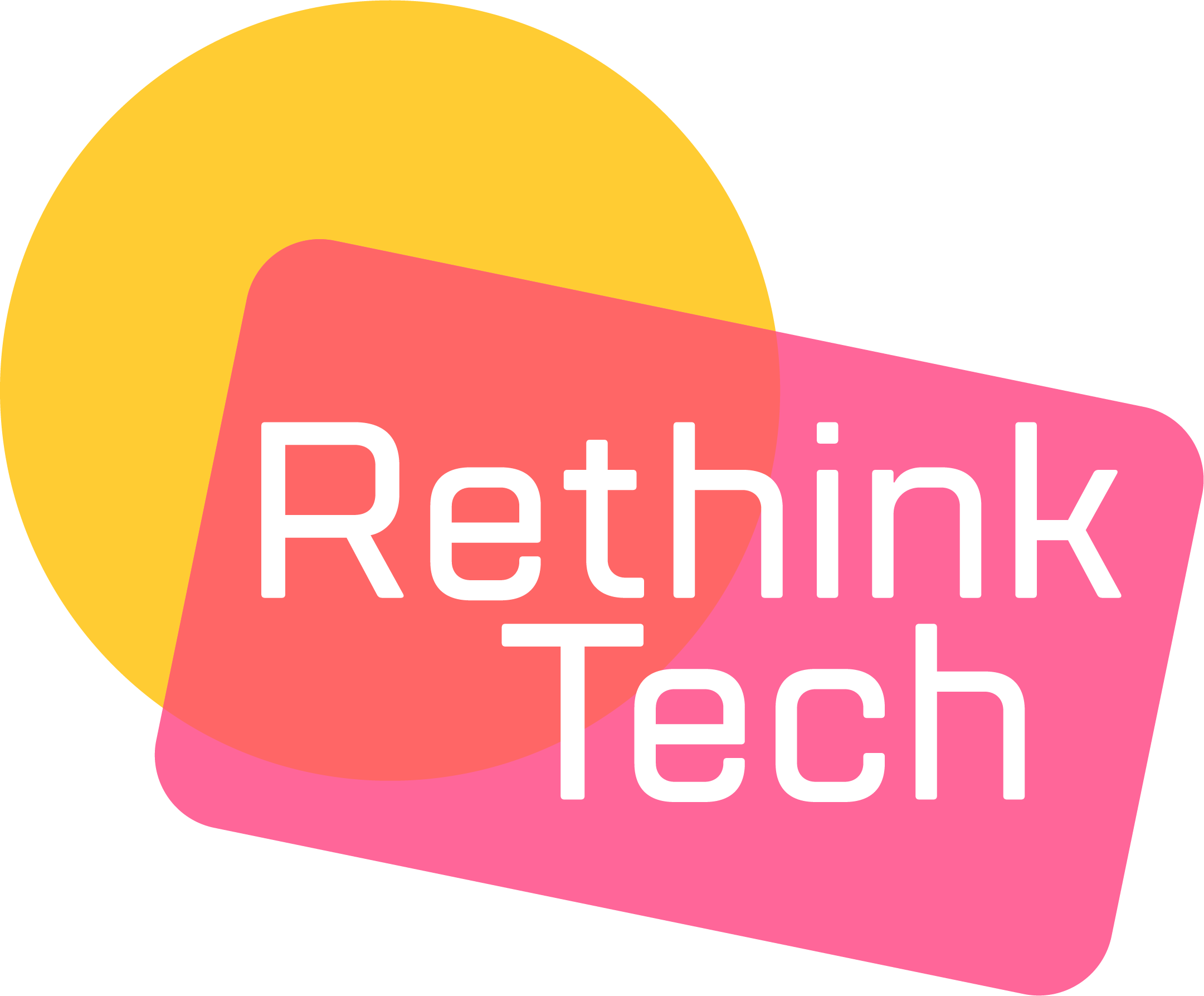 Yellow circle behind a translucent pink cube that holds white type that says "Rethink Tech"
